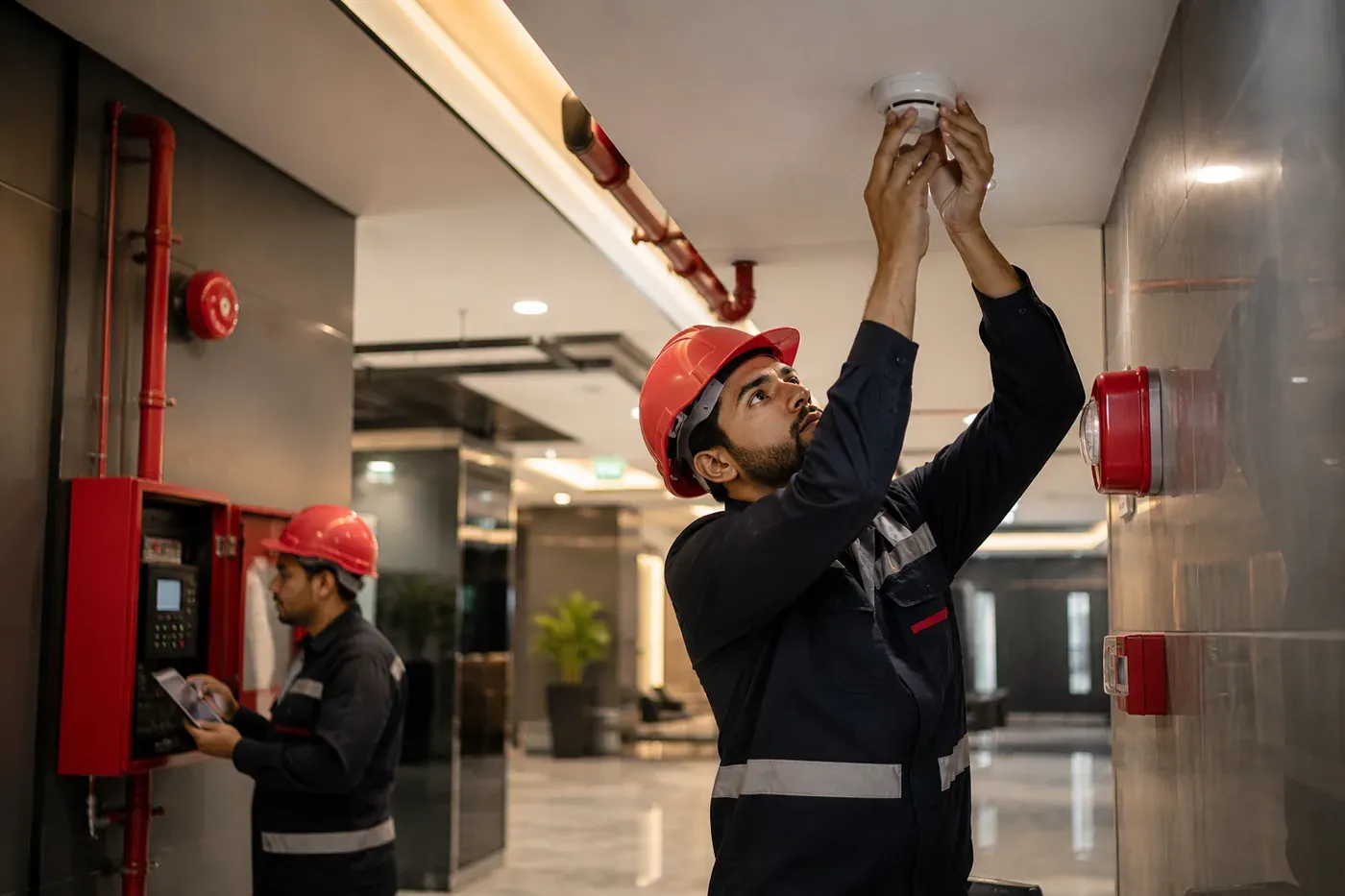 Lock Shield technicians installing a smoke detector and checking the fire alarm control panel on site in Dubai